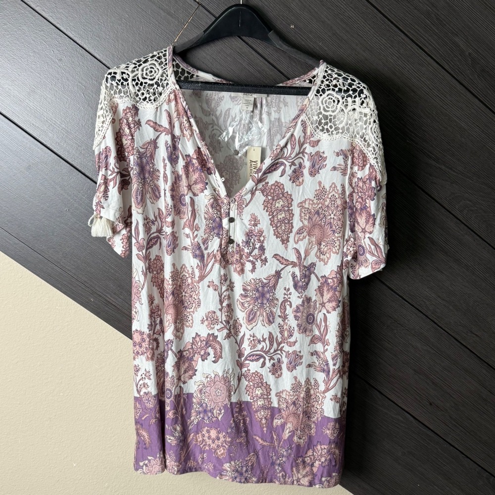 Vintage America Blues Women's Floral Boho Crochet Shoulder Top 1X NWT Purple